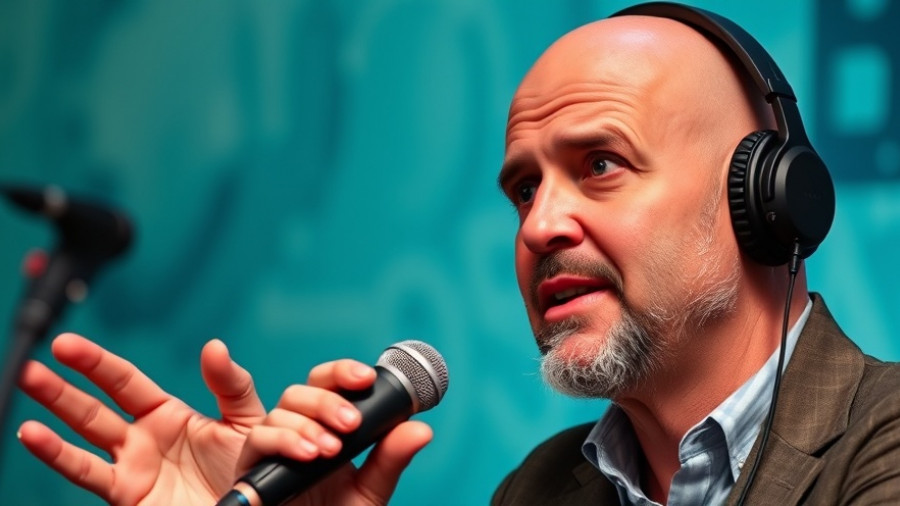 Confident man discussing how consciousness shapes our reality, vibrant background.