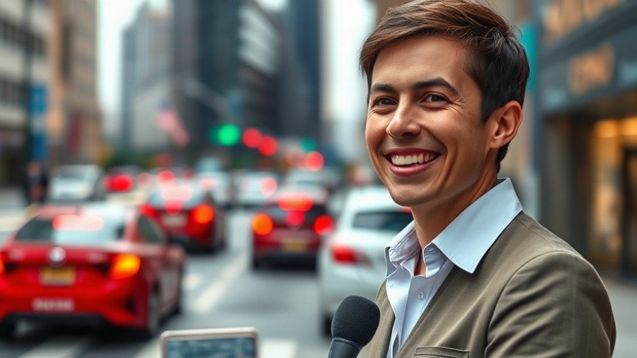 News reporter discussing Africa Trade in an urban setting.