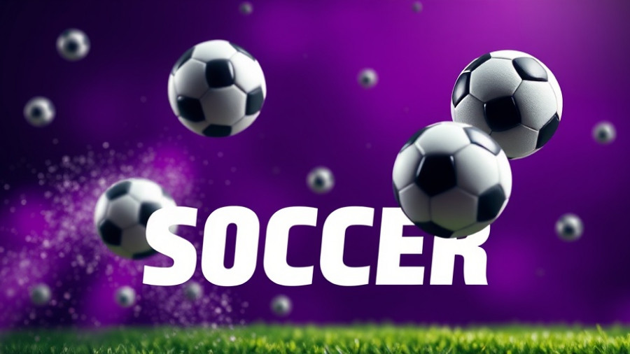 Dynamic sports design with floating soccer balls on purple background.