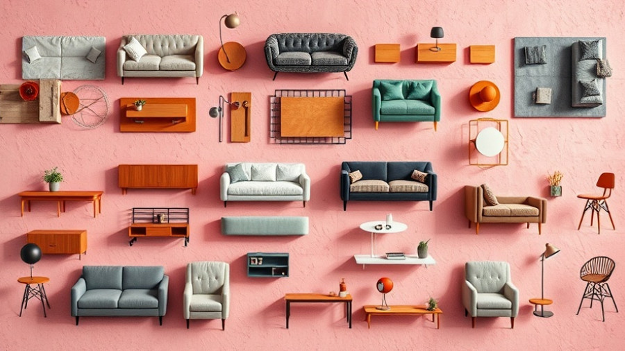 Assorted furniture for Black Friday deals on textured background.