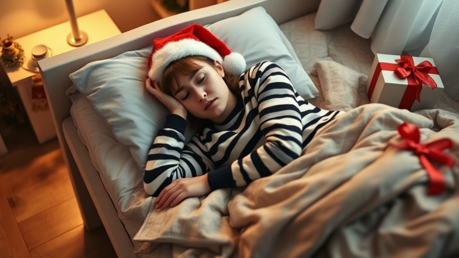 Exhausted woman in Santa hat, representing Christmas creep in commerce.