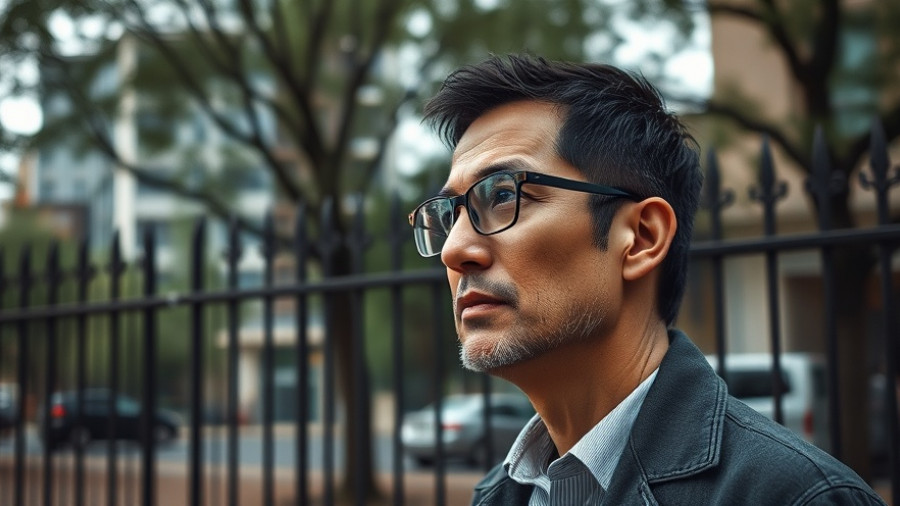 Casual thoughtful man standing by a fence, bright urban setting.
