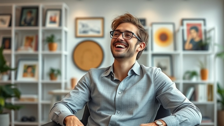 Person in striped shirt smiling in modern office, AI Africa film makers and developers.