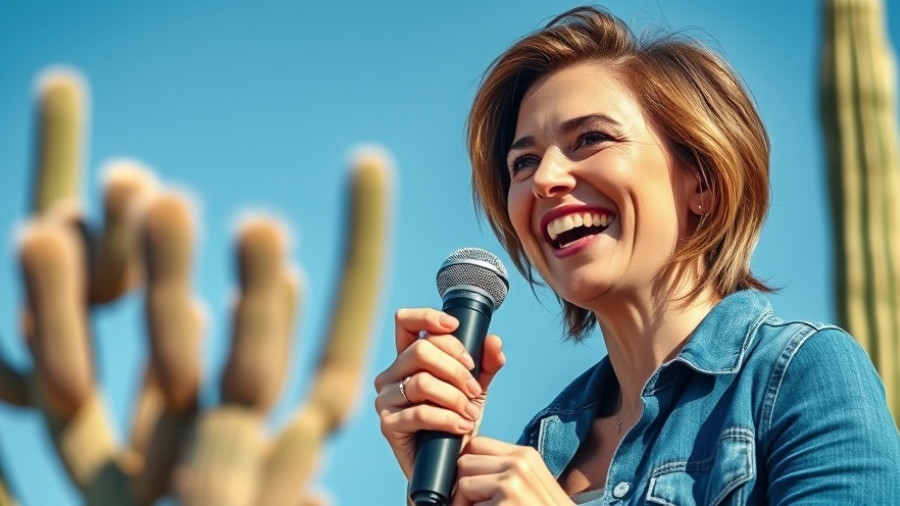 Woman speaking energetically about 100 trillion neutrinos outdoors.