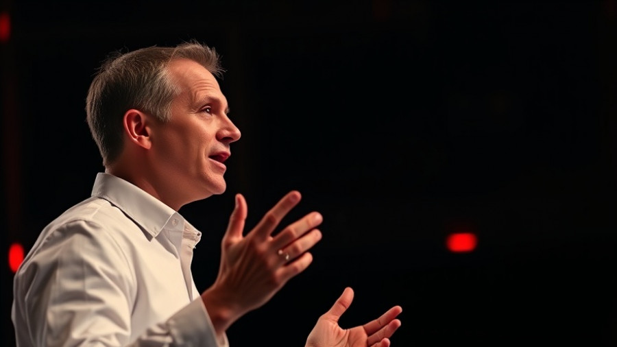 Speaker passionately gesturing during a speech on Everyday Words Power.