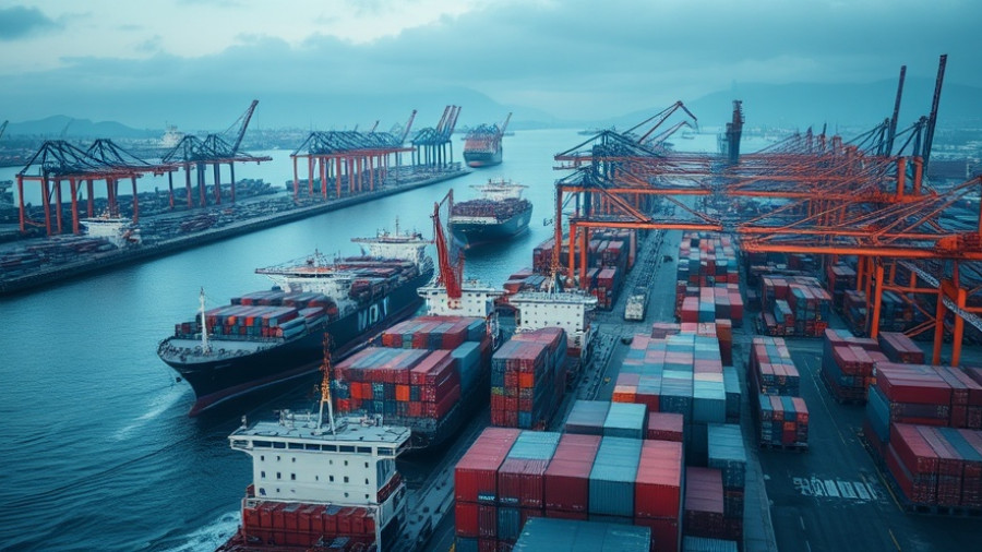 Busy shipping port with ships and cranes during early evening.