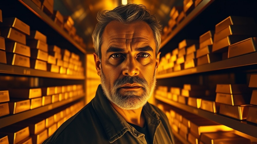 Middle-aged man in gold vault, intense gaze, gold's role in global economics