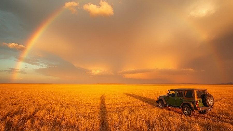 Great Migration scene with rainbow over savannah, jeep shadow