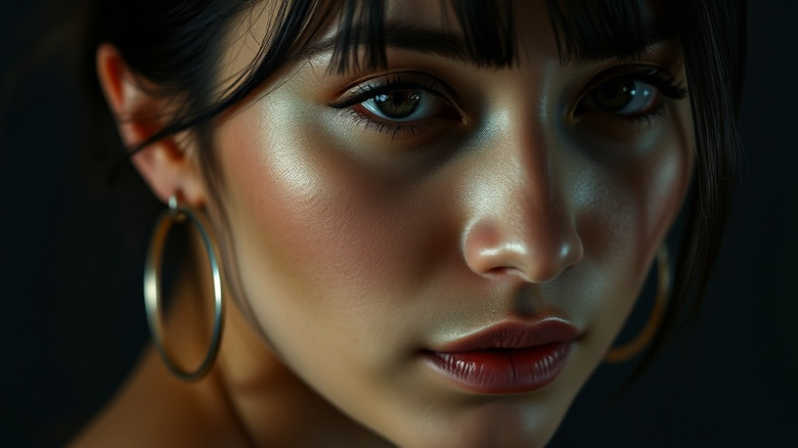 Close-up of a female figure with dark hair and hoop earrings.