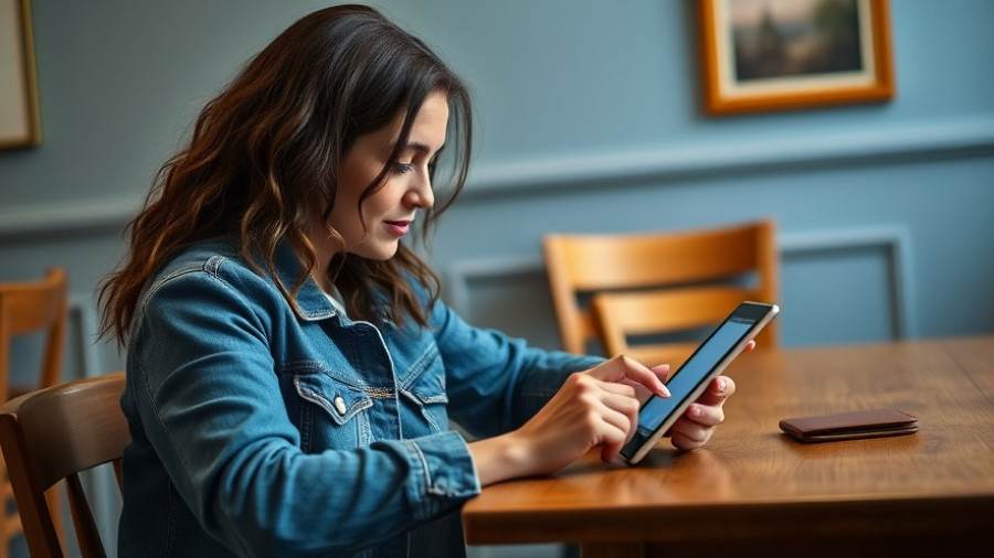 Woman using tablet for digital banking in South Africa at a table.