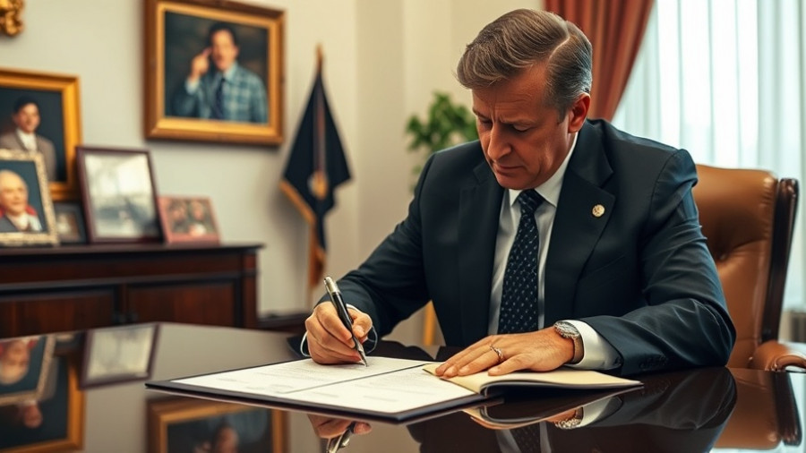 Politician reviewing documents on tech visa fee hike in office.