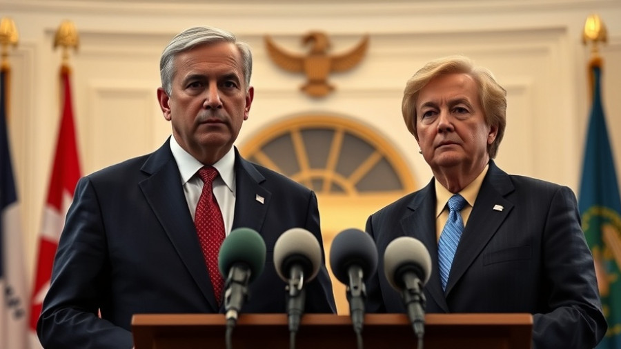 Two political figures during a press briefing highlighting pressure on Russia.