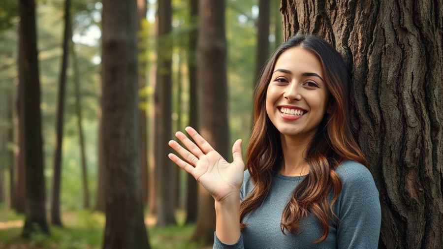 Smiling woman in forest discusses tree holes.