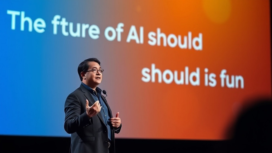 Confident speaker discussing AI-generated video with vibrant backdrop.