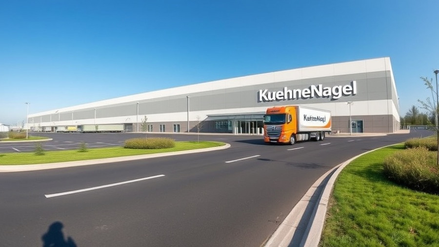 Modern KuehneNagel logistics facility with truck under sunny sky.