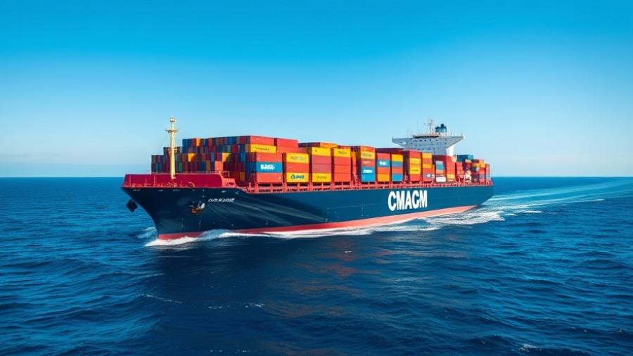 CMA CGM cargo ship on new trade route sails in open ocean.