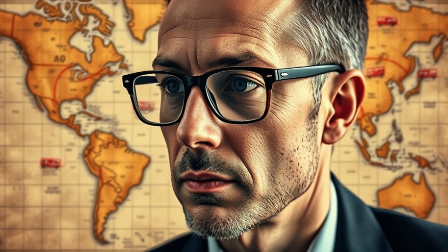 Creative travel-themed collage with a focused man on a world map.