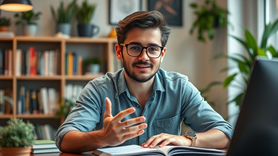 Young man discussing productivity and goal setting at a desk.