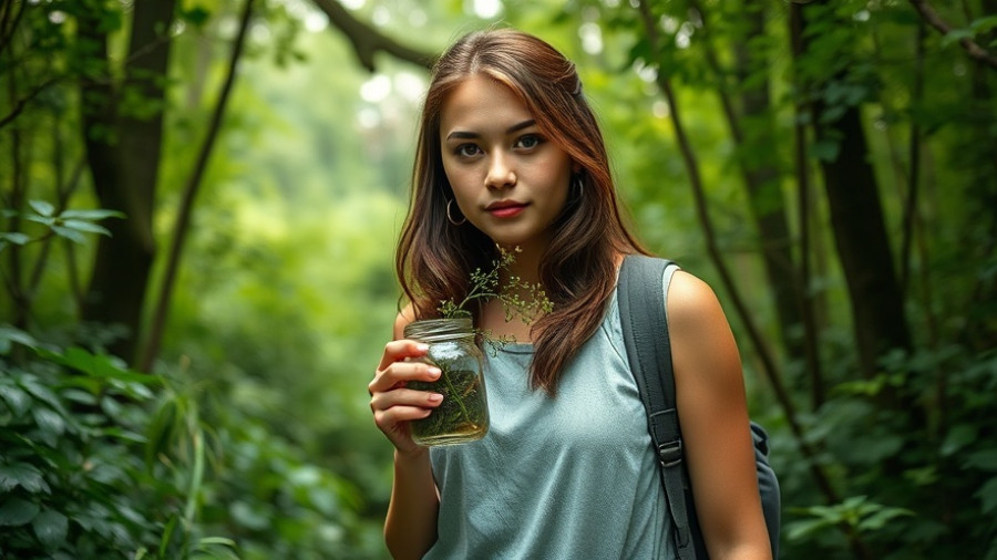 Young woman holding a plant in a jar without sunlight in a forest.