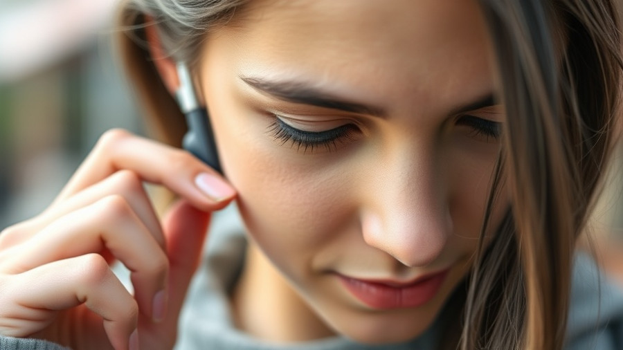 Gen Z woman using Loop Earplugs outdoors, vibrant background.