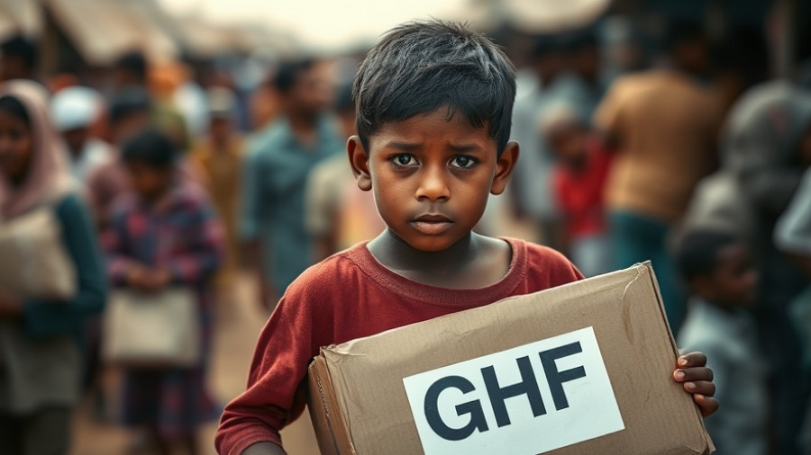 Boy carrying GHF box at Gaza aid site, documentary style.
