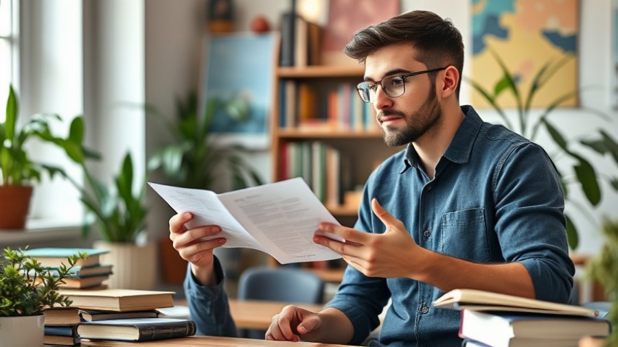 Young man discussing productivity and goal setting with a note card.