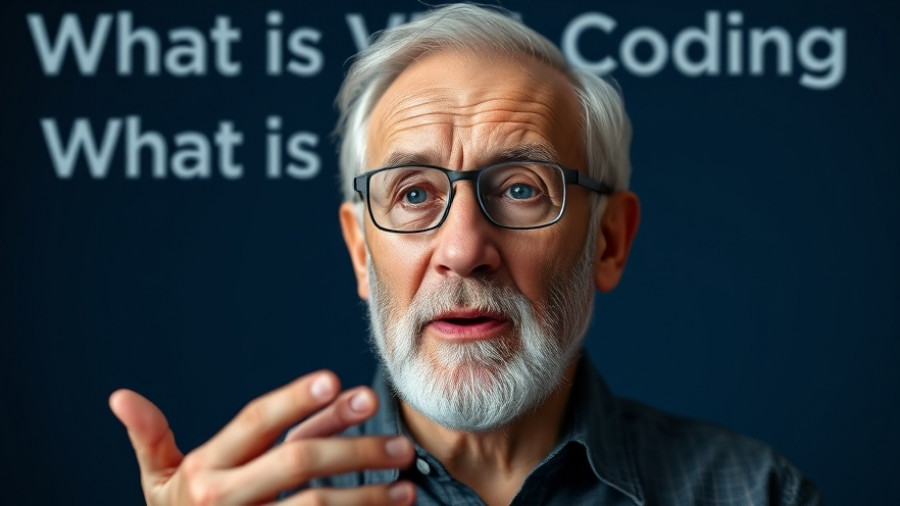 Elderly man explaining 'What is Vibe Coding' on blue background.