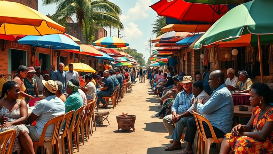 Vibrant street scene in Madagascar, locals seated and interacting, highlighting everyday life amidst economic challenges.