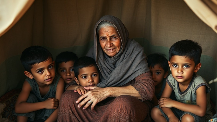 Palestinian grandmother with orphaned grandchildren in a tent.