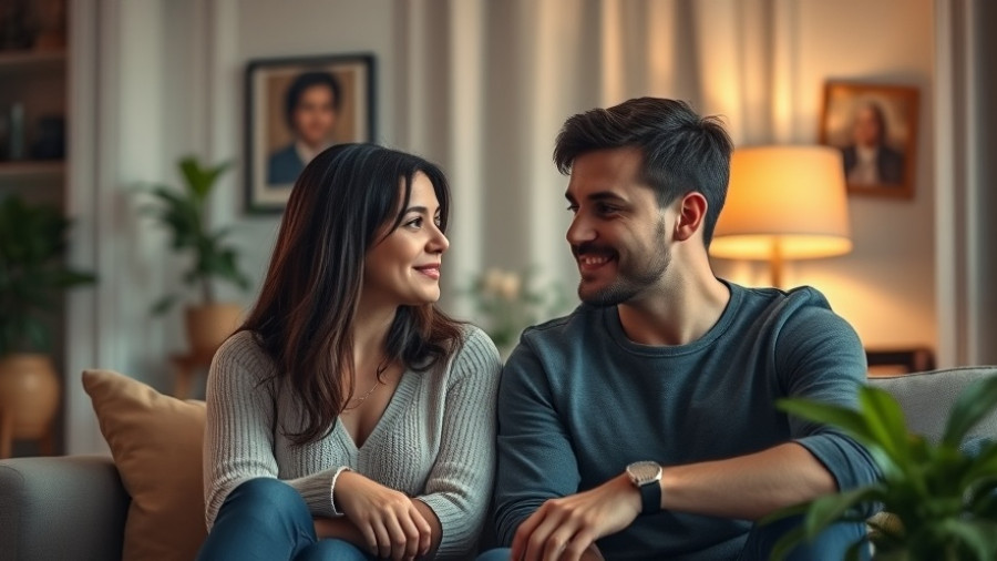 Couple discussing app development, cozy living room setting.