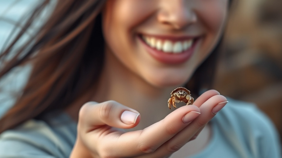 Young woman displays hermit crab by the ocean, exploring hermit crab habitats.