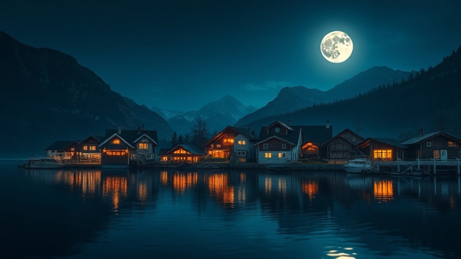 Physics in Fortnite: Village by lake under moonlight at night.