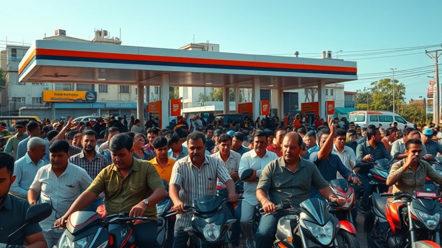 Crowded fuel station during Mali fuel crisis, people with motorcycles.