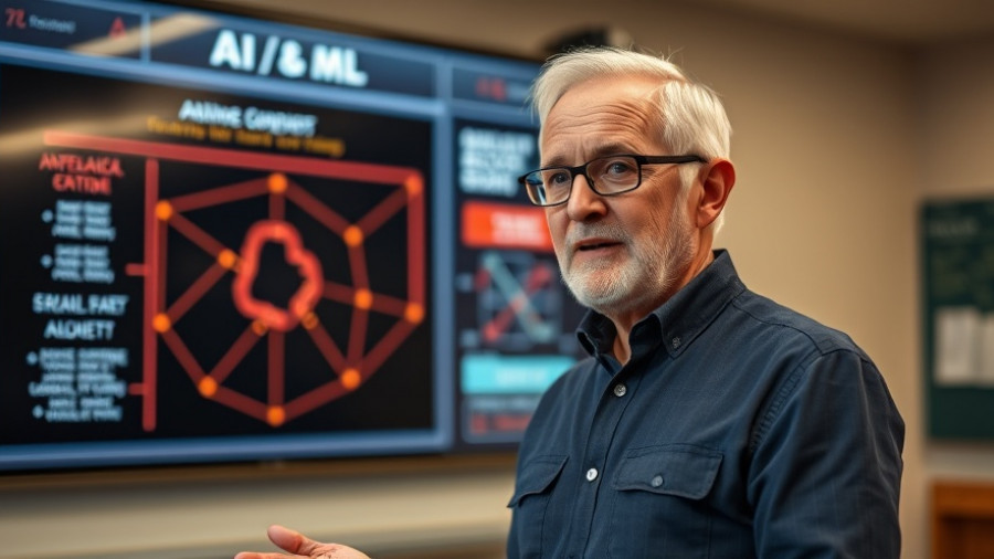 Older man explaining AI concepts on digital board.