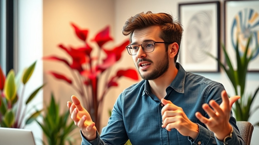 Young man discussing adaptability skills in a modern office setting.