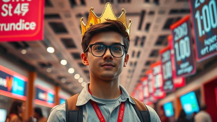 Futuristic portrait of young man at tech conference with digital overlay.