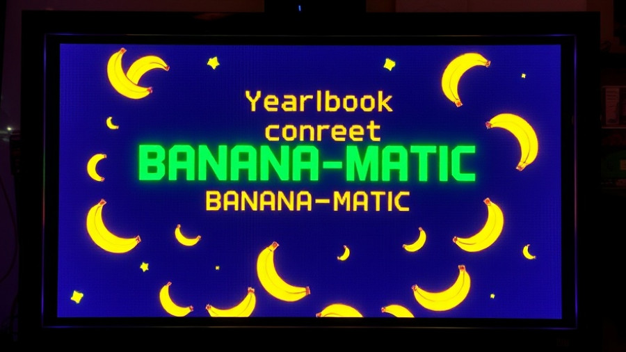 Retro digital screen with bananas, Y2K Yearbook Banana-Matic interface.