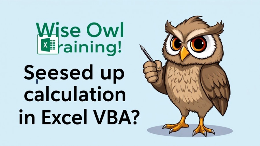 Speed Up Calculations Using VBA Arrays educational graphic with owl and Excel logo.