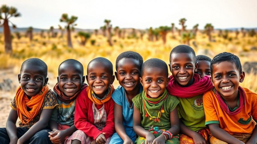 Colorful group of smiling children in Ethiopian landscape during safari.
