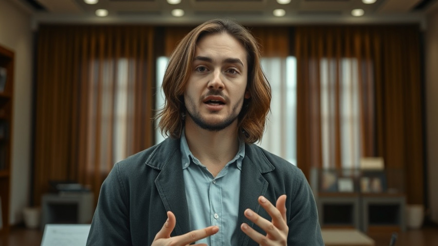 Young man discussing science in a museum video.