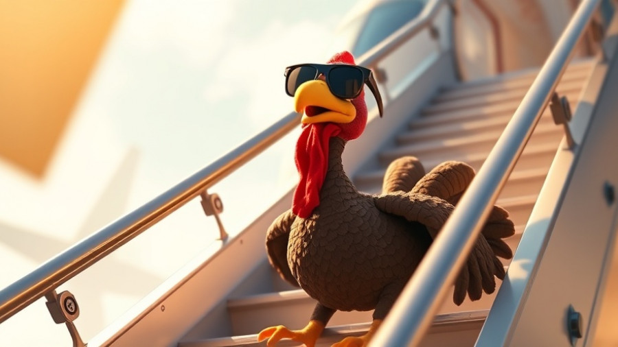 Plush turkey in sunglasses on airplane stairs, Quick Getaways with Google Search.