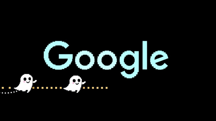 Retro video game art with Google logo and ghosts.