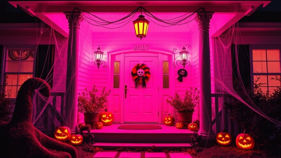 AI Halloween costume try before you buy: vibrant pink porch with neon decor.