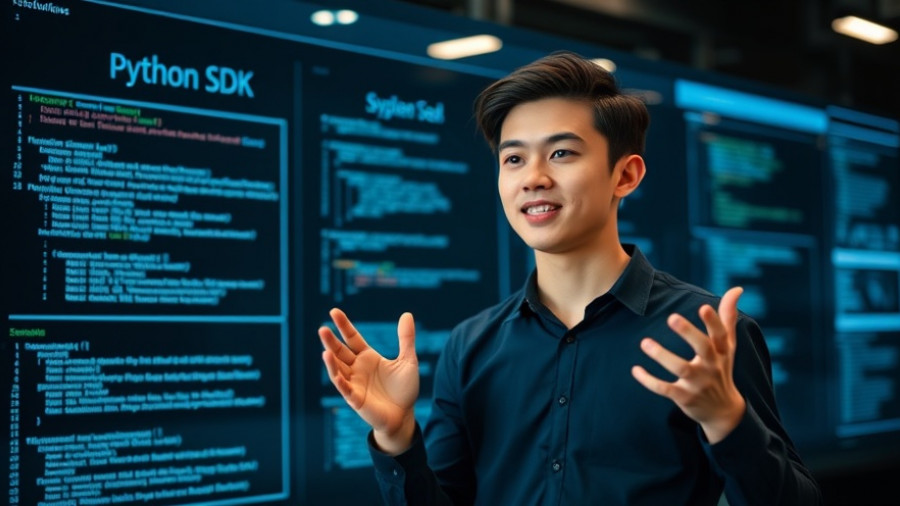 Young person explains Python SDK workflows in tech presentation.