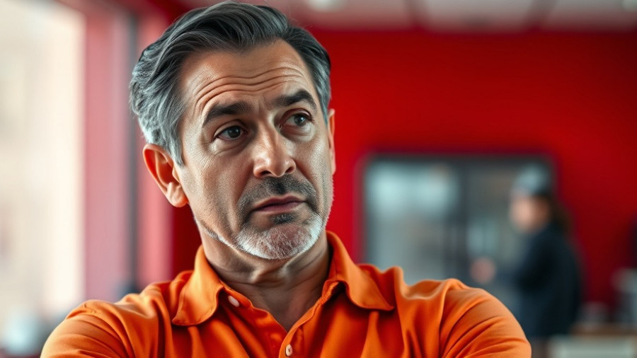 Middle-aged man in orange shirt discussing, true crime psychology theme.