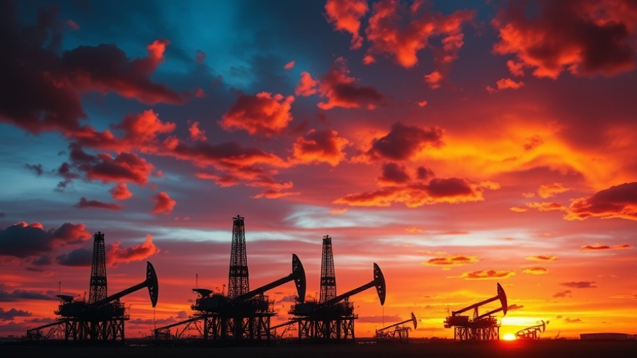 Silhouetted oil rigs against a vibrant sunset in Guinea oil and gas scene.