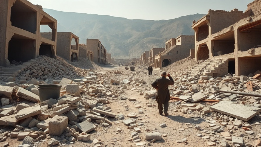 Earthquake aftermath in Northern Afghanistan with person surveying debris.