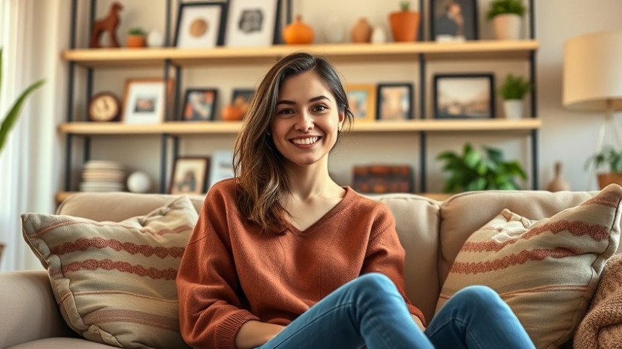 Young woman sitting and smiling warmly in a cozy living room.