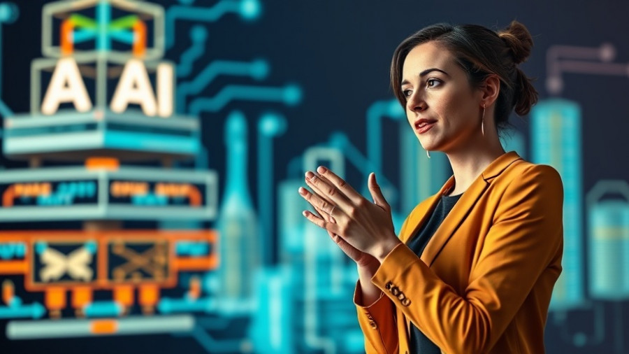 Expert discussing AI policy and governance with digital AI graphics.