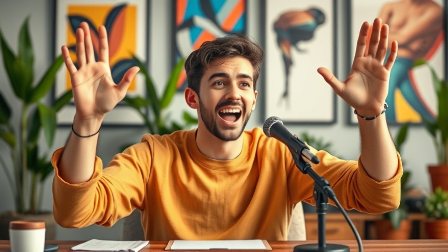 Enthusiastic man explaining how to make money on YouTube while you sleep, surrounded by plants.